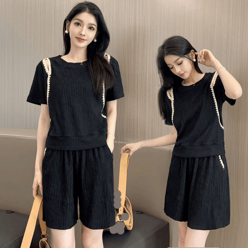Korean Lifestyle - เกาหลีแฟชั่นปิดไหล่เสื้อยืด 2 ชิ้นชุดผู้หญิงAll-Matchหลวมสบายๆกางเกงขาสั้นชุดStreetwear Contrast Patchworkชุด
