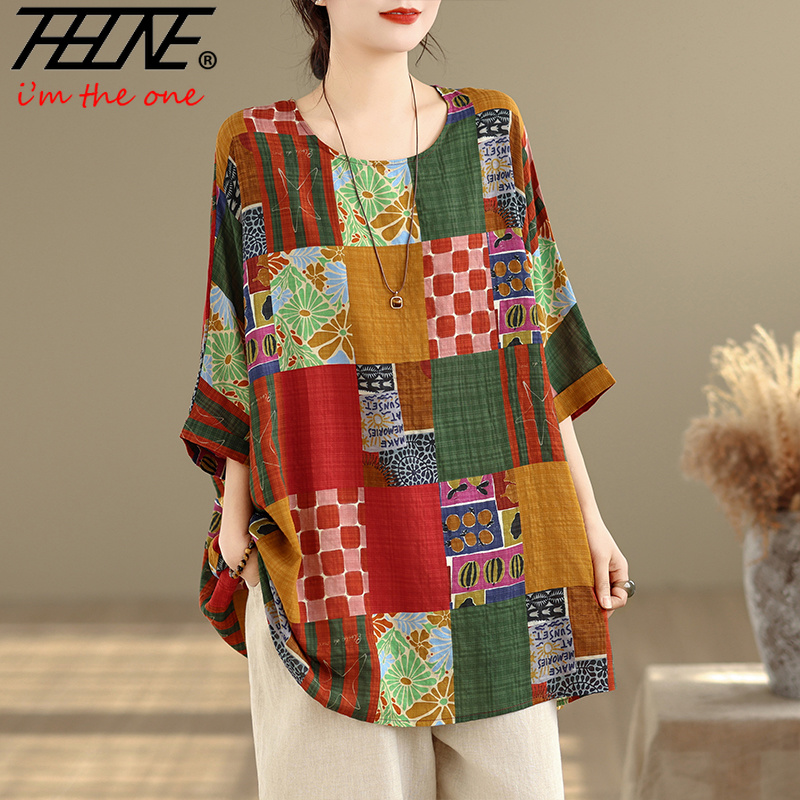 Korean Lifestyle - เสื้อเชิ้ตผู้หญิง THHONE ลายพิมพ์ ทรงหลวม ไซส์ใหญ่ ผ้าฝ้ายลินิน