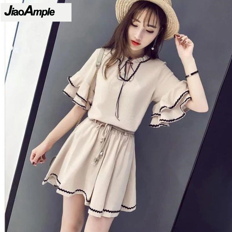 Korean Lifestyle - 2025 ฤดูร้อนใหม่กางเกงขาสั้นผู้หญิงVINTAGE Lotus Leaf Sleeveเสื้อชีฟองกางเกง 2