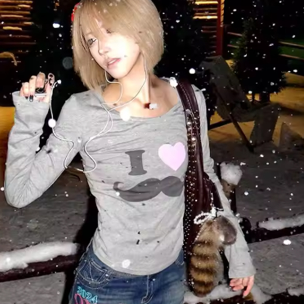 Korean Lifestyle - เสื้อยืดพิมพ์ลายเคราสไตล์ Y2K ญี่ปุ่น วินเทจ ฮาราจูกุ แขนยาว