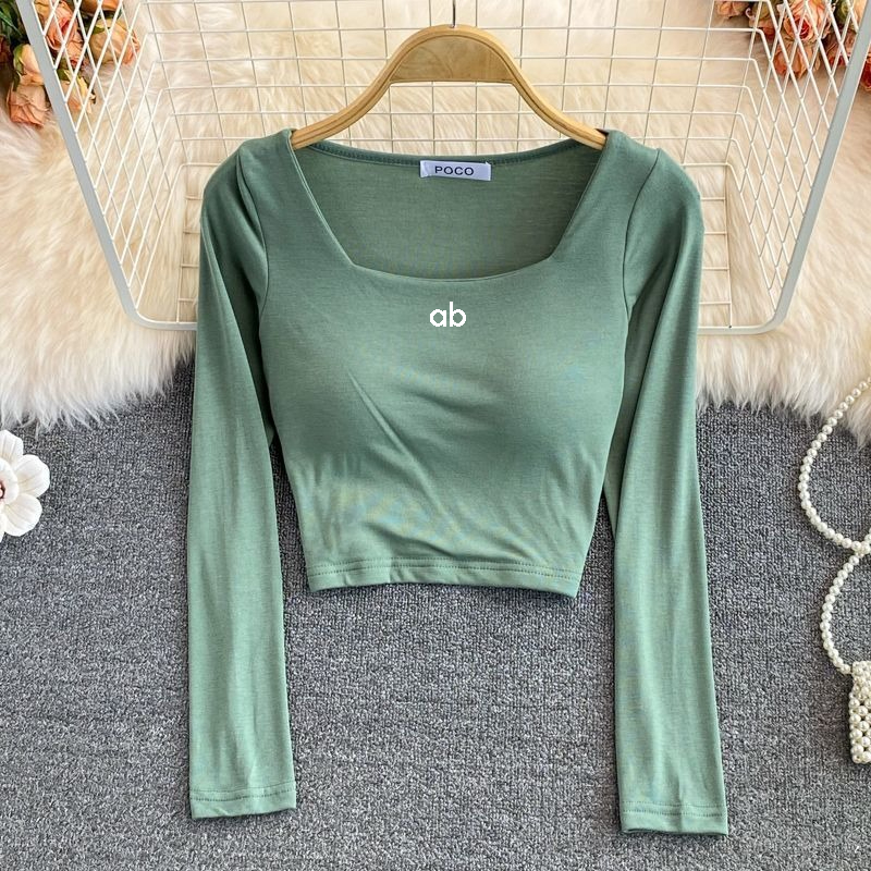 Korean Lifestyle - เสื้อยืดแฟชั่นเกาหลีสำหรับผู้หญิง คอเหลี่ยม แขนยาว มีบราในตัว ทรงเข้ารูป สไตล์ครอป